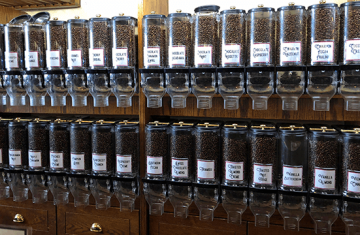 Fresh roasted coffee beans at Nicholas Coffee in Market Square, Pittsburgh PA