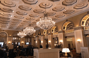 Vaulted ceiling and crystal chandeliers at Omni William Penn Hotel lobby, Pittsburgh PA