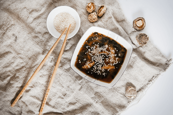 Bowl of Japanese miso with Shiitake mushrooms.